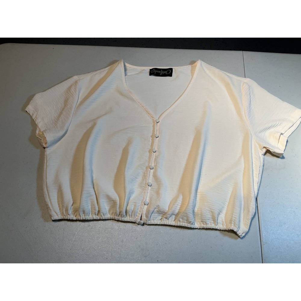 Spoon Jeans Women 2X Cream Button Front Cropped Blouse Elastic Hem Short Sleeve